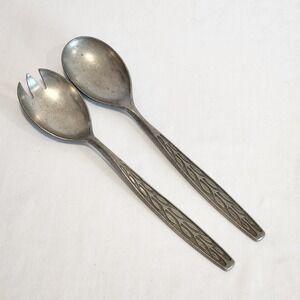 VTG TH Marthinsen Norway Salad Servers Spoon Spork Pewter Norwegian‎ Leaf Design